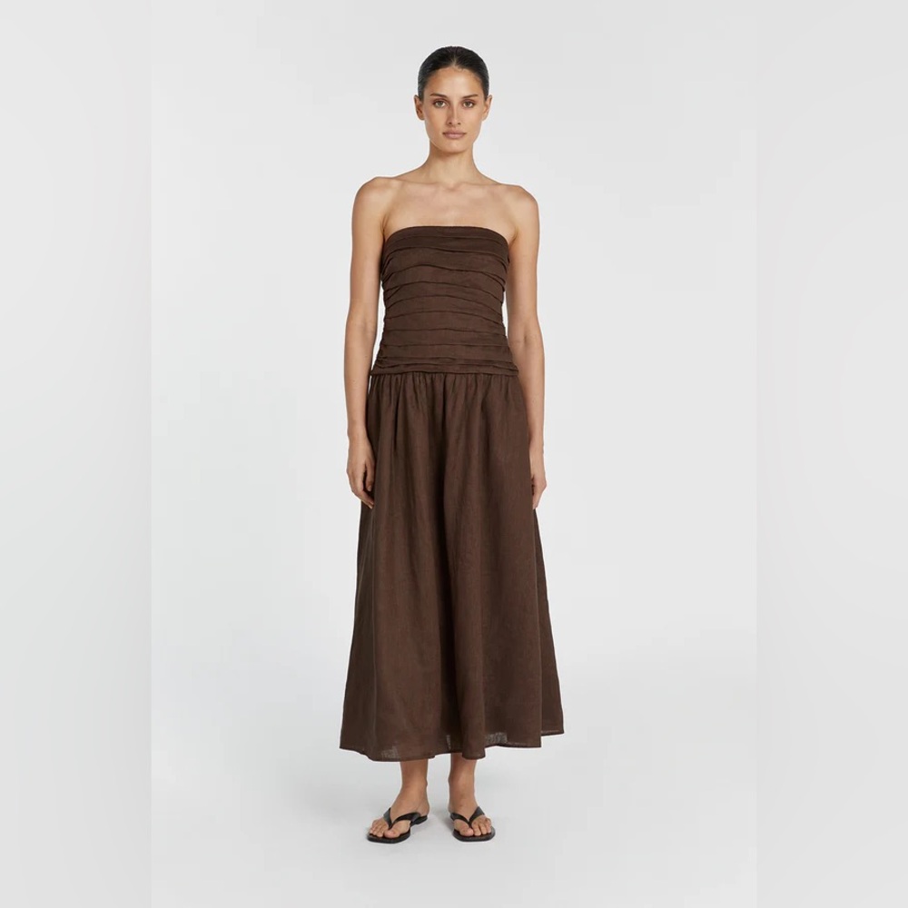 DISSH Linen Dropwaist Strapless Dress, Catania Bitter Chocolate, Size 4